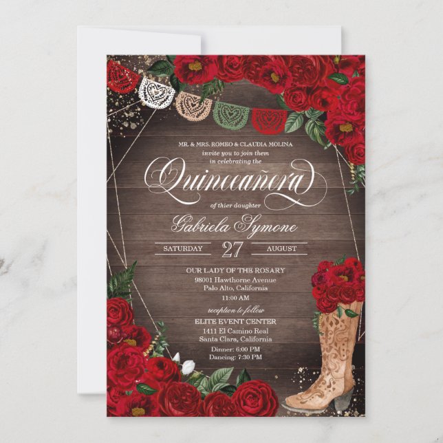 Invitation Red Roses Charra Russe Cowgirl Bottes Quinceañera (Devant)