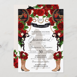 Invitation Red Roses Charro noir Occidental Elégant Quinceane