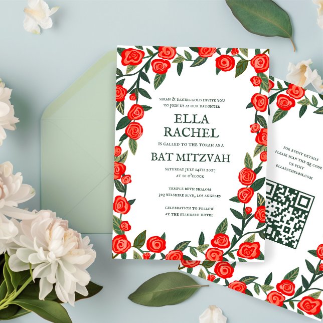 Invitation Red Roses Custom Bat Bar Mitzvah QR Code Girl (Red Roses Custom B'nai Bat Bar Mitzvah QR Code Girl Modern Invitation
)