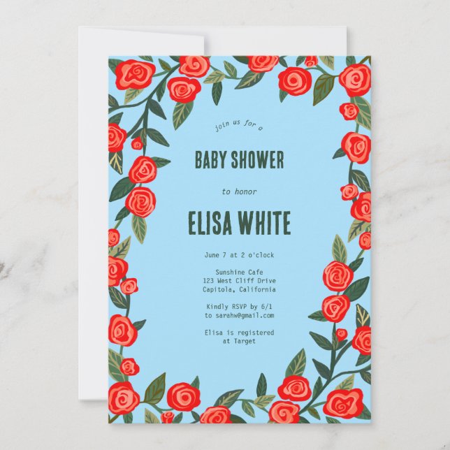 Invitation Red Roses CUSTOM QR Code BABY SHOWER (Devant)