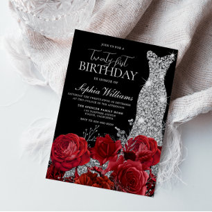 Invitation Red Roses Diamond Gown Noir 21e fête d'anniversair