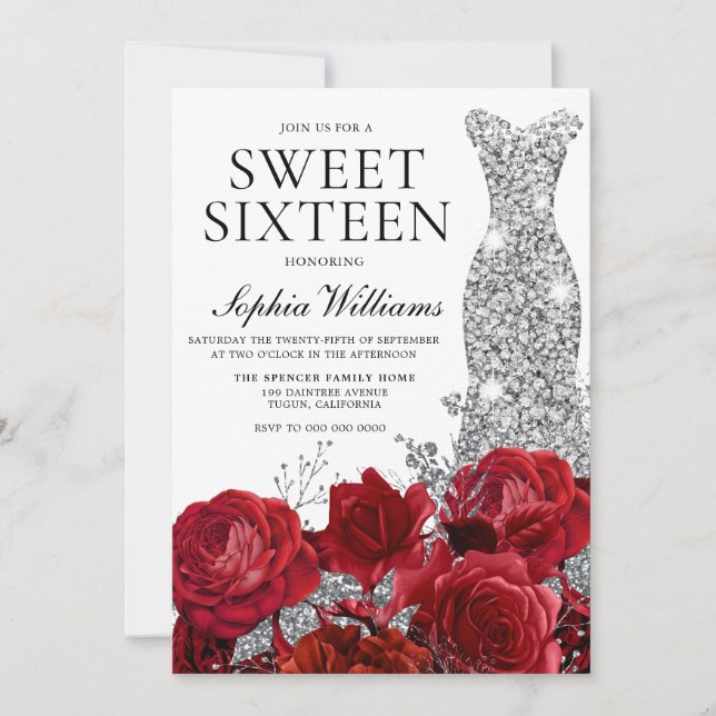 Invitation Red Roses Diamond Gown Sweet 16 Anniversaire (Devant)