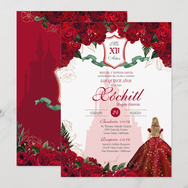 Invitation Red Roses Élégant Château Princesse Quinceanera (Devant / Derrière)