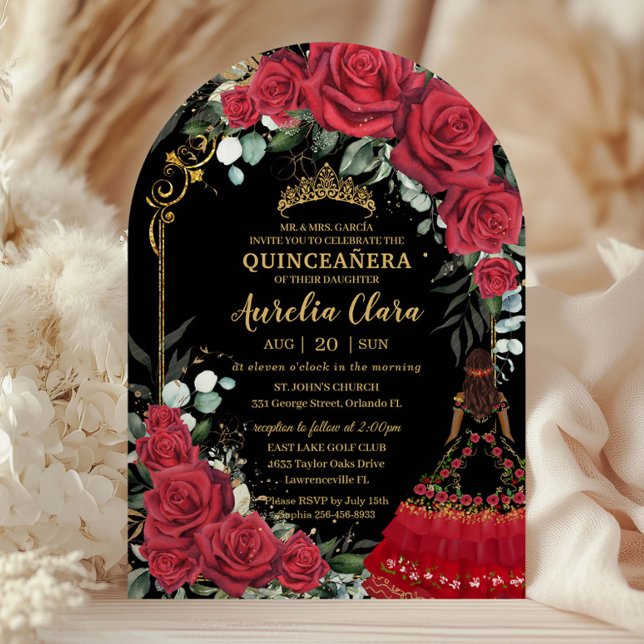 Invitation Red Roses Floral Black Charro Quinceanera 15 Arch (Créateur téléchargé)