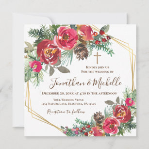 Invitation Red Roses Floral Gold Cross Mariage chrétien