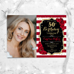 Invitation Red Roses Gold Black Photo 50e anniversaire<br><div class="desc">Elégante invitation au 50e anniversaire fleurie féminine avec votre photo. Noir noir blanc rouge design avec faux or parties scintillant. Comprend des rayures, des roses rouges, des caractères de script et des confettis. Parfait pour une fête anniversaire adulte élégante. Personnalisez avec vos propres détails. Peut être customisé pour n'importe quel...</div>