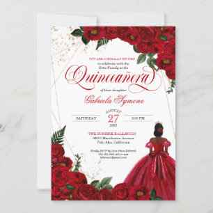 Invitation Red Roses & Gold Elegant Gown Quinceañera Invitati