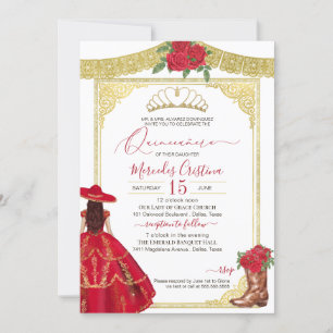 Invitation Red Roses Gold Elegant Western Charro Quinceanera