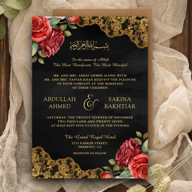 Invitation Red Roses Gold Lace QR Code Black Muslim Mariage (Créateur téléchargé)