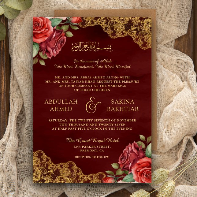 Invitation Red Roses Gold Lace QR Code Maroon Mariage musulma (Créateur téléchargé)