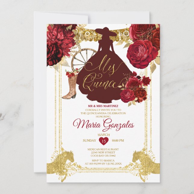 Invitation Red Roses Gold Mis Quince 15 Anos Quinceañera (Devant)