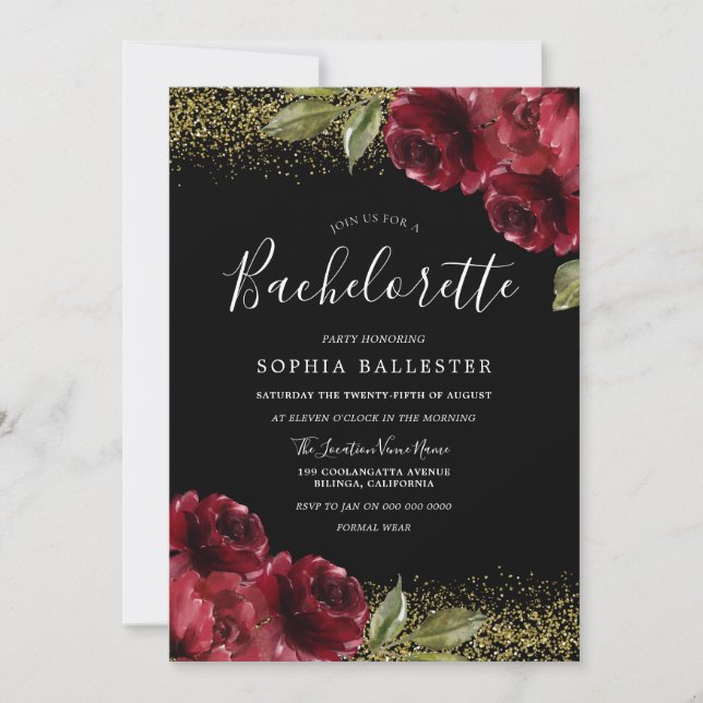 Invitation Red Roses Gold Parties scintillant Bachelorette Pa (Devant)