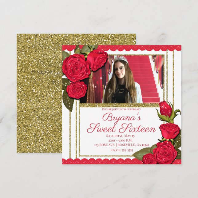 Invitation Red Roses Gold Parties scintillant Sweet 16 Annive (Devant / Derrière)