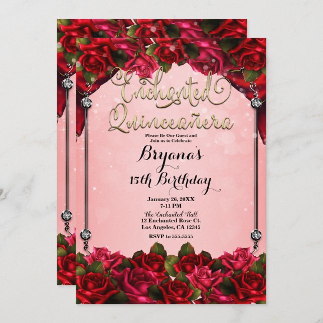 Invitation Red Roses Gold & Pink Quinceañera 15ème Parti (Devant / Derrière)