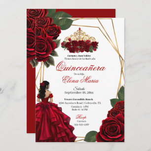 Invitation Red Roses Gold Quinceañera