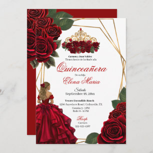 Invitation Red Roses Gold Quinceañera