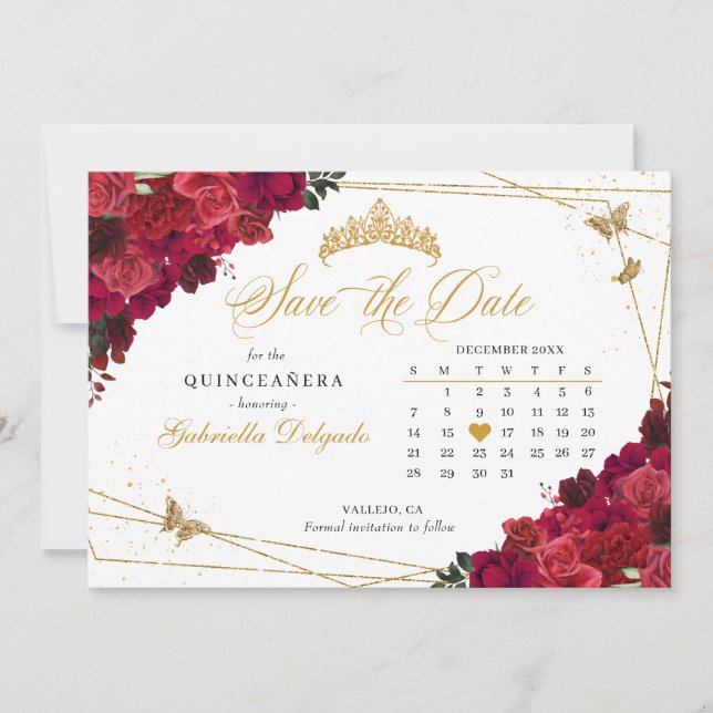 Invitation Red Roses & Gold Quinceañera Enregistrer La Date (Devant)