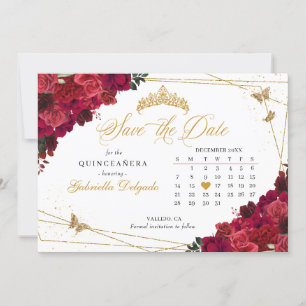 Invitation Red Roses & Gold Quinceañera Enregistrer La Date