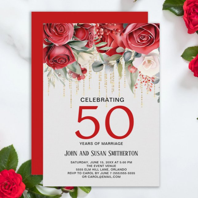 Invitation Red Roses Gold String Lumières 50e anniversaire (Red roses and gold curtain string lights 50th wedding anniversary invitation)