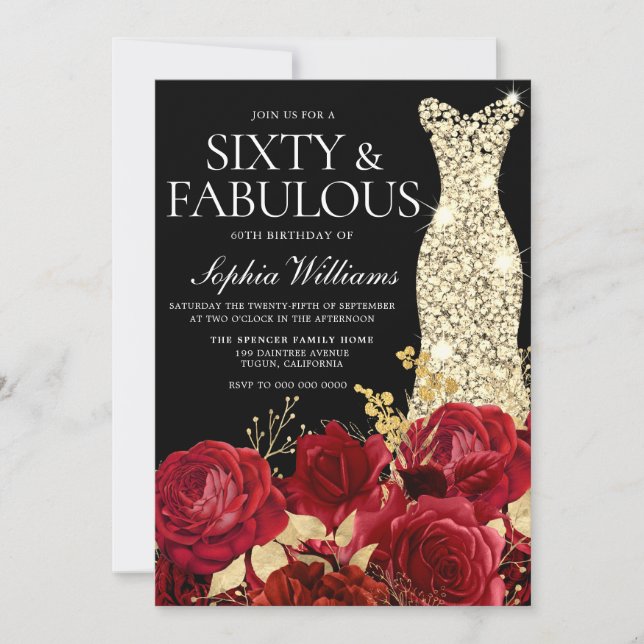 Invitation Red Roses Golden Gown Noir 60e fête d'anniversaire (Devant)