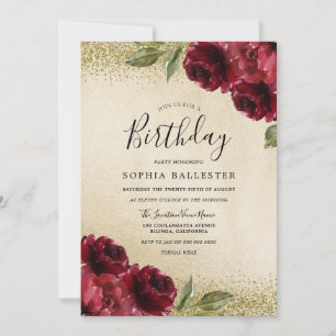 Invitation Red Roses Golden Parties scintillant fête d'annive