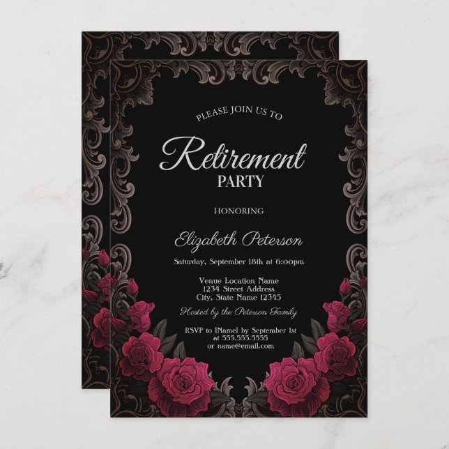 Invitation Red Roses Gothic Frame Black Retirement Party (Devant / Derrière)