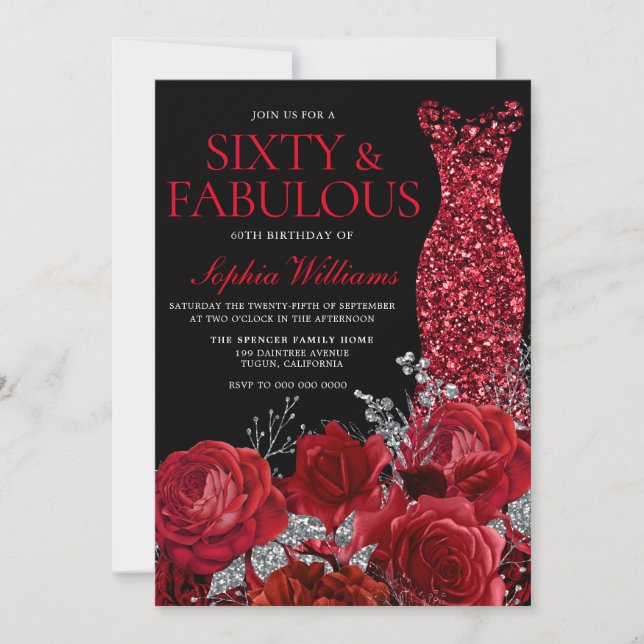 Invitation Red Roses & Gown Black 60e fête d'anniversaire (Devant)