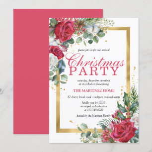 Invitation Red Roses Holly Berry Rustic Chic Noël Party