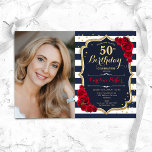 Invitation Red Roses Marine Blancs Photo 50e anniversaire<br><div class="desc">Elégante invitation au 50e anniversaire fleurie féminine avec votre photo. Glam marine blanc rouge design avec faux or parties scintillant. Caractéristiques bleu marine et bandes blanches, roses rouges, police de script et confetti. Parfait pour une fête anniversaire adulte élégante. Personnalisez avec vos propres détails. Peut être customisé pour n'importe quel...</div>