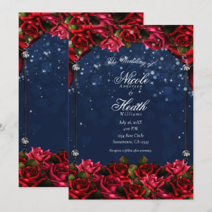 Invitation Red Roses Marine Blue Gold Enchanted Floral Mariag