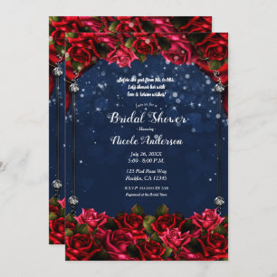 Invitation Red Roses Marine Blue Gold Fête des mariées enchan