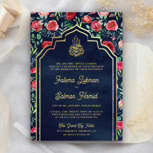 Invitation Red Roses Marine Blue Gold Floral Mariage musulman