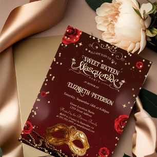 Invitation Red Roses Masque Perles Sweet 16