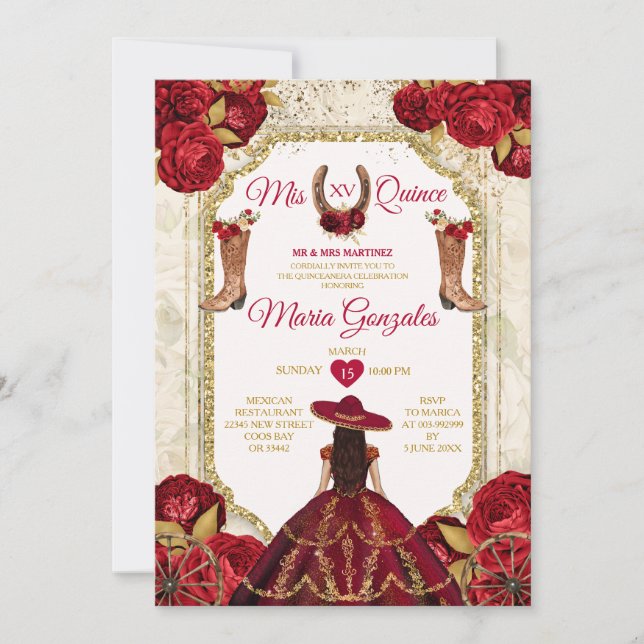 Invitation Red Roses Mis Quince 15 Anos Gold Crown Parties sc (Devant)