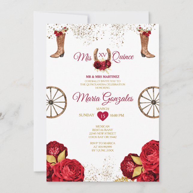 Invitation Red Roses Mis Quince 15 Anos Gold Crown Parties sc (Devant)