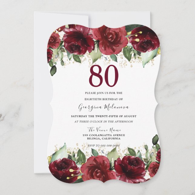Invitation Red Roses Parties scintillant Floral 80e fête d'an (Devant)