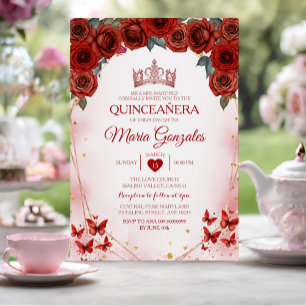 Invitation Red Roses Quinceañera Rose Gold Couronne Mexicaine