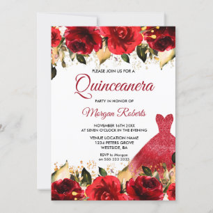 Invitation Red Roses Romantique Floral Gown Quinceanera Party