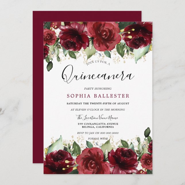 Invitation Red Roses Romantique Floral Quinceanera Party (Devant / Derrière)