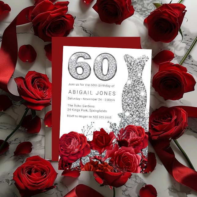 Invitation Red Roses Silver Diamond Gown 60e anniversaire (Créateur téléchargé)