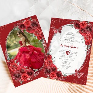 Invitation Red Roses Silver Quinceañera 15e anniversaire fête