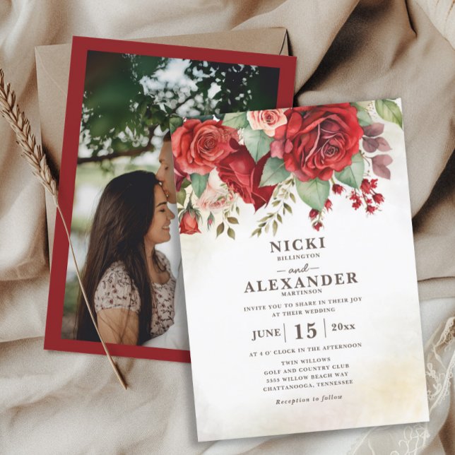 Invitation Red Roses Vintage Floral Mariage photo (Elegant red roses photo wedding invitation)