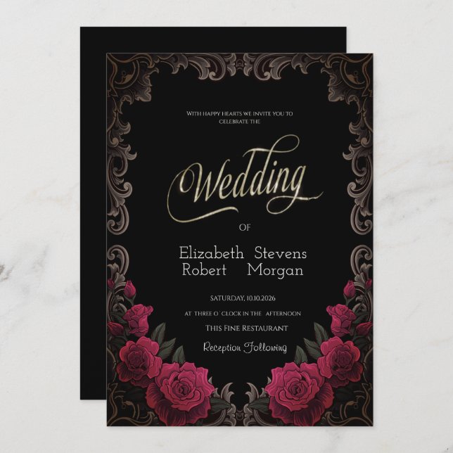 Invitation Red Roses Vintage Frame Gothic Wedding (Devant / Derrière)