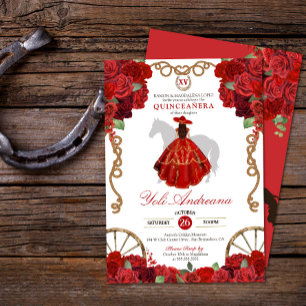 Invitation Red Roses Western Cowboy Charra Quinceañera