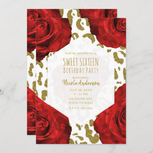Invitation Red Roses White Gold Cheetah Leopard Sweet 16 Invi
