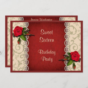 Invitation Red Roses & White Lace Sweet 16 Anniversaire