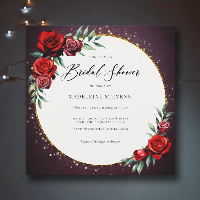 Invitation Red Roses Wreath Moody Purple Gold Parties scintil (moody dark purple romantic red roses bridal shower invitation gold glitter modern elegant boho flora)