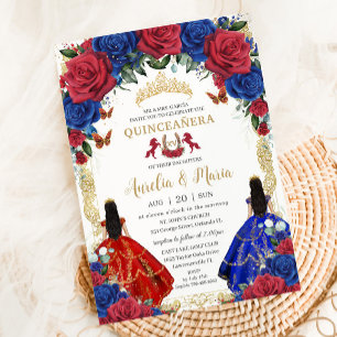 Invitation Red Royal Blue Floral Girls Twins Quinceañera XV