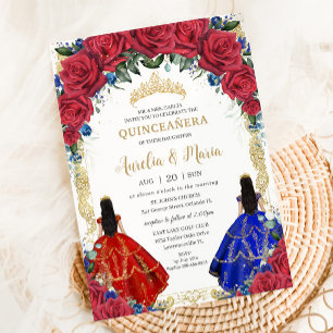 Invitation Red Royal Blue Floral Girls Twins Quinceañera XV
