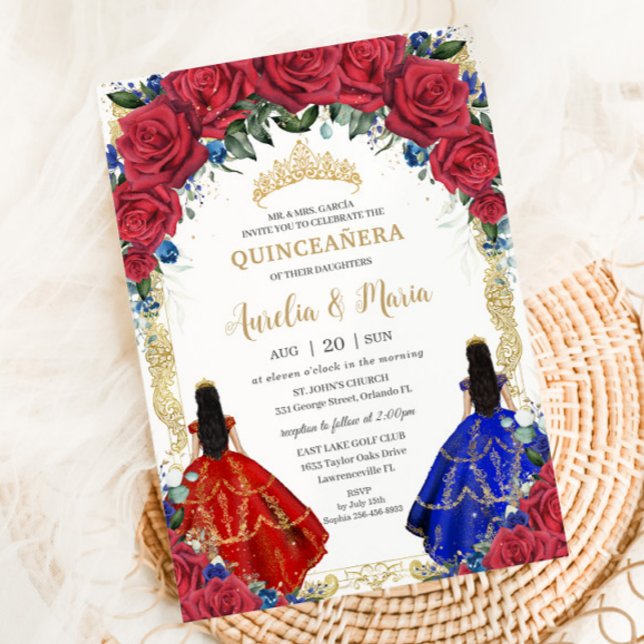 Invitation Red Royal Blue Floral Girls Twins Quinceañera XV (Créateur téléchargé)